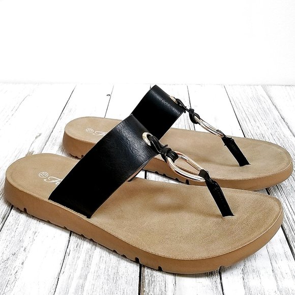 Black Sandals with Gold Accents, Size 9 - Picture 1 of 4